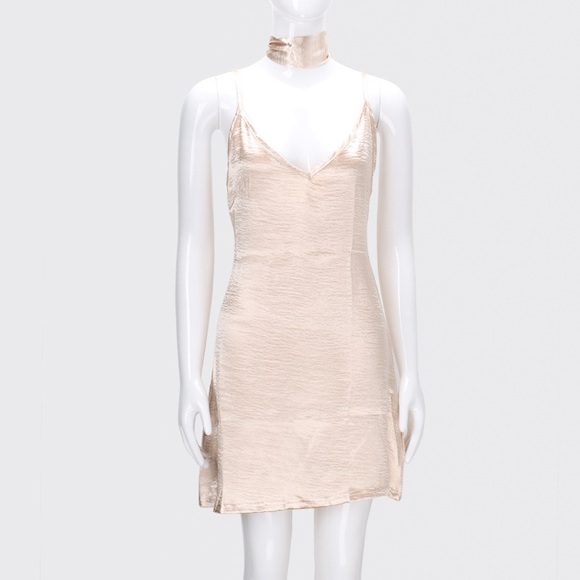 🌟🌟Sexy Light Gold V Cut Silk Midi Dress🌟🌟 - Picture 3 of 8